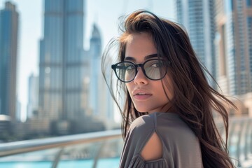 Confident and sophisticated young woman in modern eyeglasses looks back over her shoulder on an urban bridge with a blurred skyscraper background, fashion city portrait.