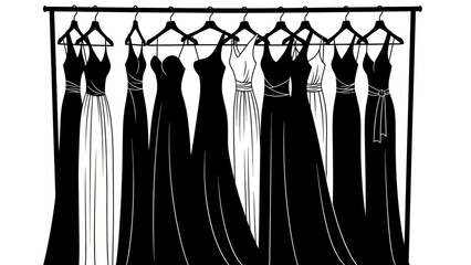 Elegant dresses hanging on a clothing rack offer a chic wardrobe selection for any event, showcasing timeless style and sophisticated design elements