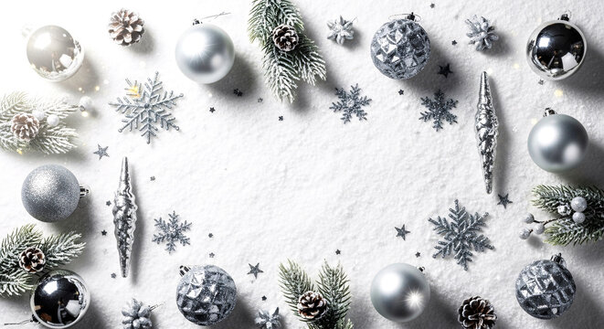Elegant Silver Christmas Ornaments on White Snow Background - Powered by Adobe