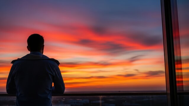 Male silhouette observing vibrant sunset through window - Powered by Adobe
