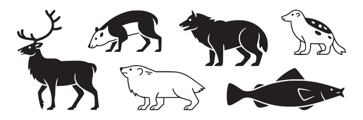 Collection of seven animal icons in black and white including a deer, tapir, wolf, seal, fish, and otter