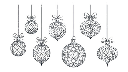 Ornamental Christmas Decorations: Delicate line art captures the essence of festive cheer with hanging Christmas ornaments, each showcasing unique and intricate designs.