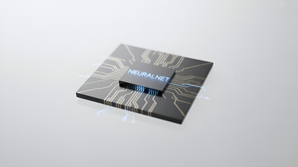 Futuristic AI processor chip labeled neural nexus, advanced computing hardware concept, artificial intelligence and neural network technology, minimal clean background, high-tech digital innovation, r