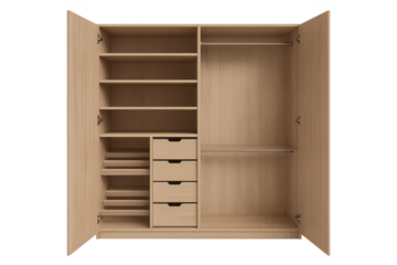 Open wooden wardrobe with shelves and drawers isolated on transparent backdrop