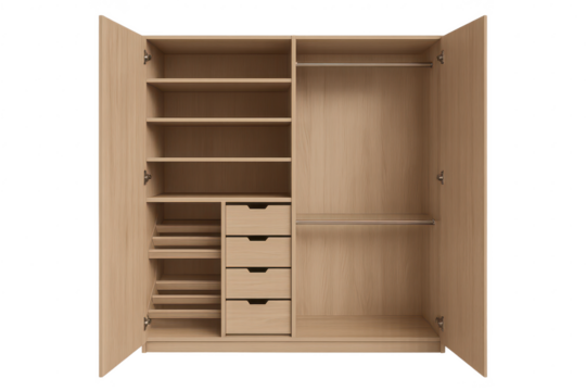 Open wooden wardrobe with shelves and drawers isolated on transparent backdrop