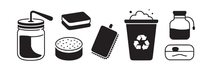 A collection of black and white vector icons depicting cleaning and recycling related objects arranged in a row
