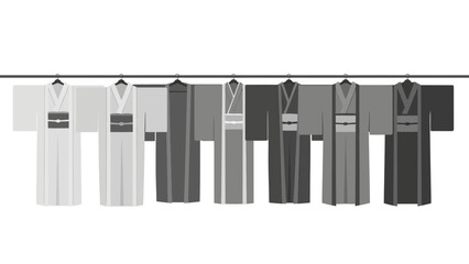 Elegant array of kimono robes on a rack, showcasing Japanese fashion and cultural heritage, perfect for textile designs or traditional garment concepts