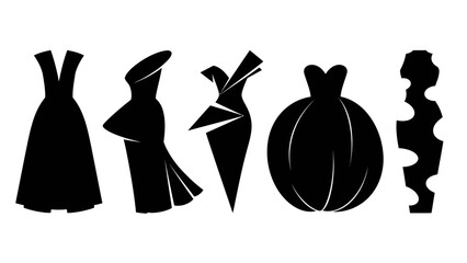 Elegant gown silhouettes for fashion design concepts, stylish apparel sketches, formal dresses and unique couture creations in a modern minimalist style