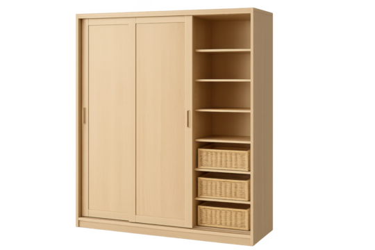 Modern light wood wardrobe with sliding doors isolated on transparent background