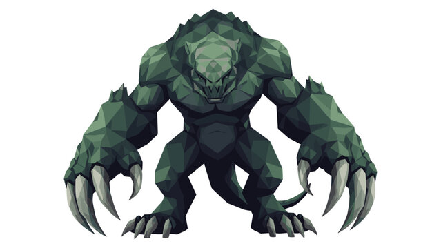 Geometric low poly monster with sharp claws in aggressive stance on white background