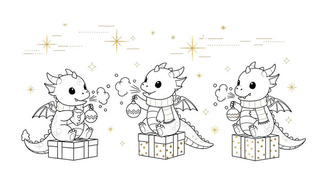 Dragon Holiday Illustration: A charming illustration depicts three adorable dragons adorned with festive scarves, joyfully holding Christmas ornaments.
