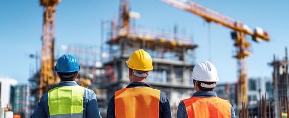 The construction workers surveying a busy urban construction site with cranes and scaffolding