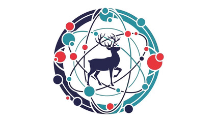 Deer in Emblem: A stylized deer silhouette stands within a dynamic circular design, evoking themes of nature, science, and intricate organization. The design features interconnected elements.
