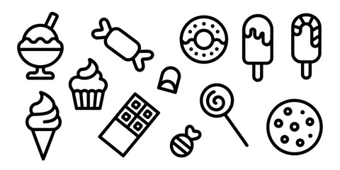 A collection of various sweets and desserts in black outline on white background
