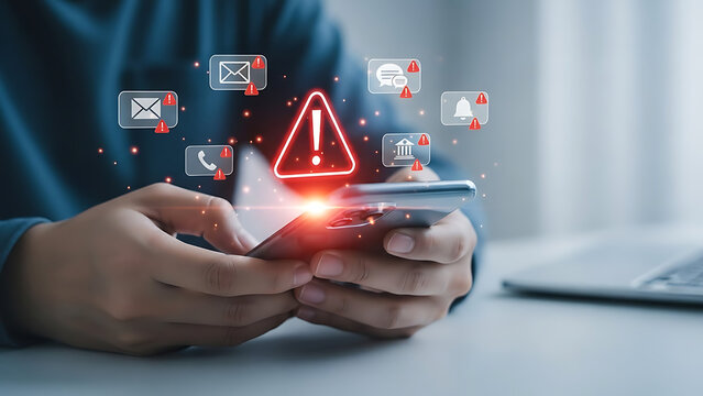 Person holding smartphone with glowing red warning alert icon and notification bubbles symbolizing digital danger or security threat