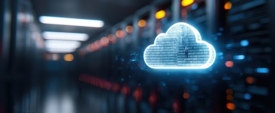 The Cloud Hologram Floating Above Server Racks in a Futuristic Data Center