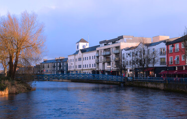 Sligo city skyline over the Garavogue River in Connacht Province, Ireland, highlighting civic heritage and riverside atmosphere.