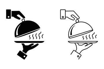 Fototapeta premium Two stylized icons of a hand serving a cloche-covered dish with steam rising, one filled and one outlined, on white background.