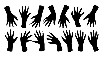 Obraz premium Collection of silhouettes of primal creature claws and hands reaching out, isolated on white background - detailed and textured