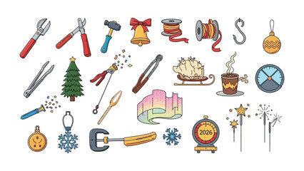 Festive collection of Holiday Decorative Elements: A festive assortment of holiday decorative elements in a cheerful, artistic arrangement, including ornaments, bells, tools.