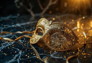 Gold glitter party mask on dark marble with dramatic reflections and confetti