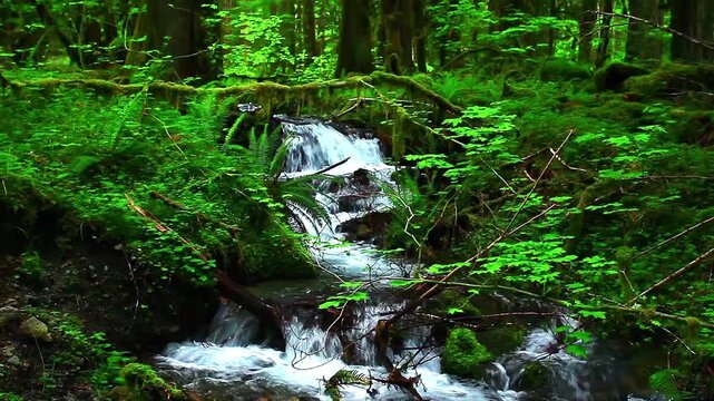 a  picture of the Olympic National Park  Washington State rainforest and Slate creek waterfall