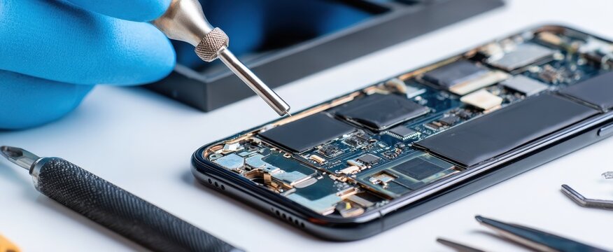 The Smartphone Circuit Board Being Repaired with Precision Tools and Gloved Hands - Powered by Adobe