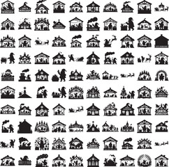 Santa workshop silhouette set isolated on white background