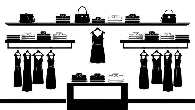 Stylish dresses and handbags on display at an elegant boutique, perfect for fashion blogs, retail promotions, or clothing store designs, originally a vector art