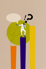 Naklejka premium Sketch image artwork composite 3D photo collage of young man talk speech cloud question charts graphics trader success goal business