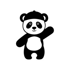 Naklejka premium A cartoon panda bear stands waving with its right paw raised. The panda is black and white with a round belly and head.
