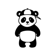Obraz premium Cartoon panda bear standing upright, wearing a baseball cap, depicted in a simple black and white illustration.