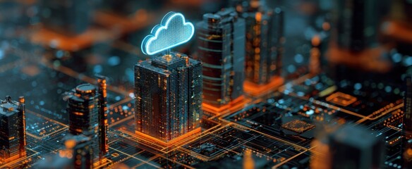 The Cloud Icon Over a Futuristic Data Center Circuit Cityscape Representing Digital Infrastructure