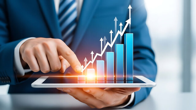 Businessman pointing at digital tablet displaying a rising bar chart and upward trending line graph representing business growth and success