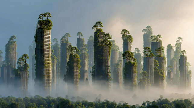 City skyline skyscraper tree trunk forest mist fog futuristic nature green architecture blend in surreal landscape evoking wonder and harmony with environment - Powered by Adobe
