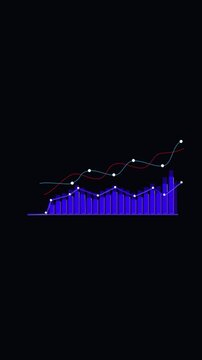 Blue Bar Chart and Wavy Lines with White Dots on a Dark Background graph data. Sci-fi blue chart with wavy lines and white dots animates, creating captivating mobile video visuals.