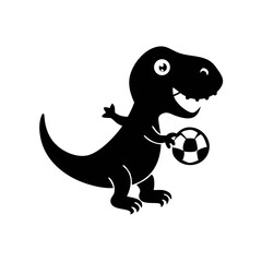 Obraz premium Cartoon dinosaur silhouette holding a soccer ball, smiling with visible teeth, isolated on a white background.