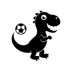Fototapeta premium A black silhouette of a cartoon dinosaur with a soccer ball floating near its head, isolated on a white background.