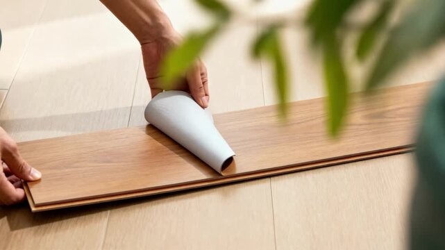 Closeup medium shot of person peeling backing from peelandstick vinyl planks ready to place for quick messfree flooring.