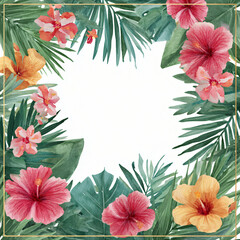 Watercolor tropical floral frame with hibiscus flowers isolated on white background