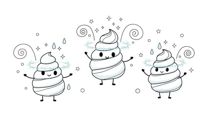 Whimsical Dessert Delight: Three animated treats dance joyfully, radiating pure sweetness and charm, decorated with delicate spirals and playful expressions.