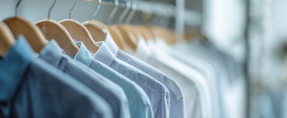 The shirts on a hanger-lined rack in a bright modern boutique