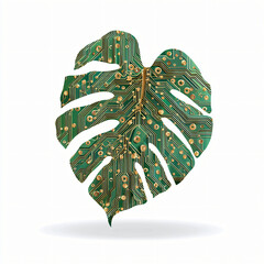 Monstera leaf with circuit board pattern isolated on white background