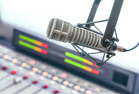 Professional microphone and sound mixer in radio studio