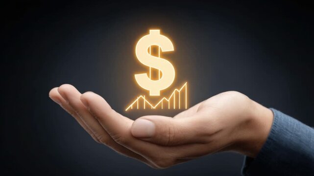 Hand Holding Glowing Dollar Sign with Financial Growth Chart and Symbol of Wealth on Dark Background 4k Video footage
