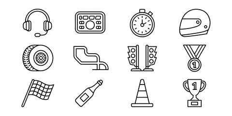 A collection of racing themed outline icons including equipment and awards items