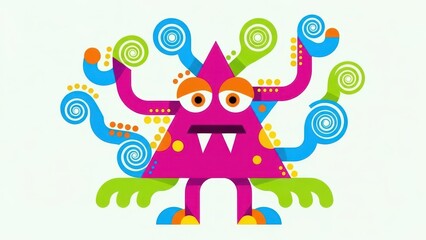 Naklejka premium Whimsical and colorful cartoon monster with multiple arms and swirling decorations