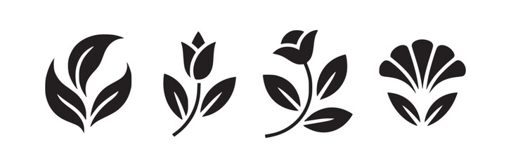 Four floral designs in black silhouette with leaves and petals on a white background isolated