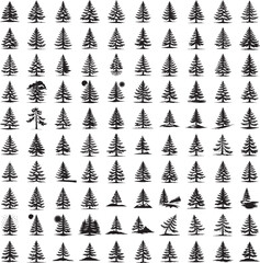 Single pine tree with snow silhouette set isolated on white background