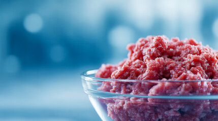 Fresh raw minced meat in a transparent glass bowl on a cool blue background ready for cooking or meal preparation in a kitchen setting